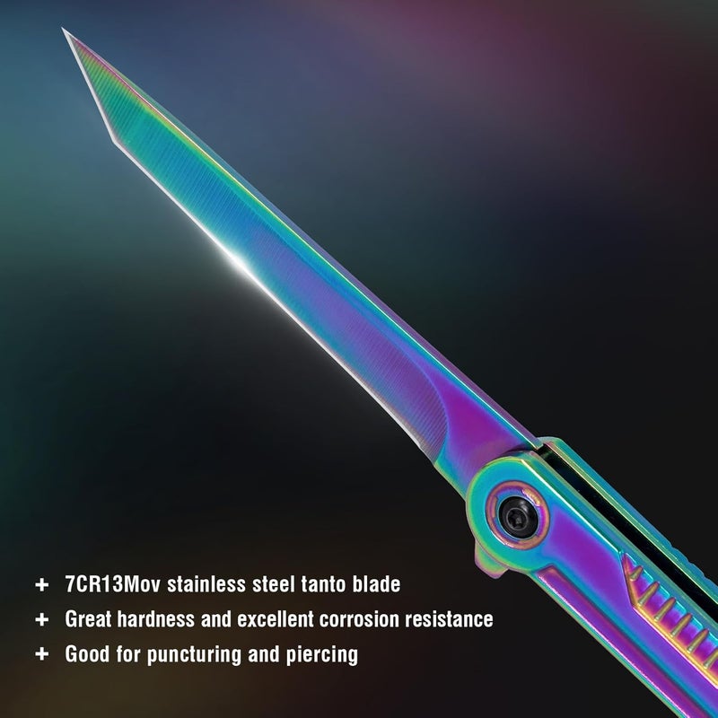 FUNBRO Rainbow Pocket Knife for Men & Women - EDC Folding Knives with Clip, Glass Breaker, Flipper and Liner Lock for Self Defense - Cool Survival Knife for Outdoor Camping - Image 2